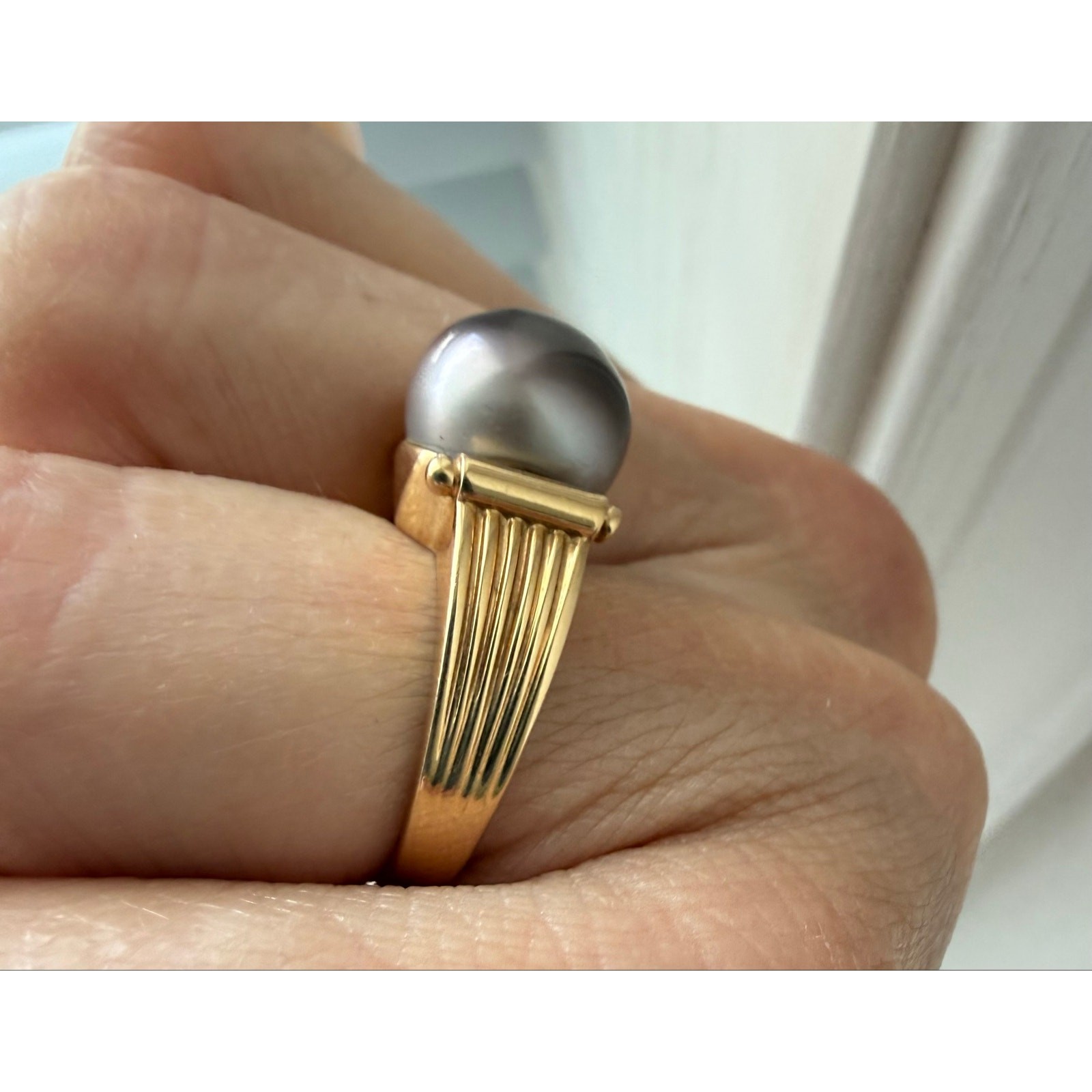 Designer | Grecian Style 14K Yellow Gold 10.9 mm Tahitian Pearl Ring | Appx 6.5”