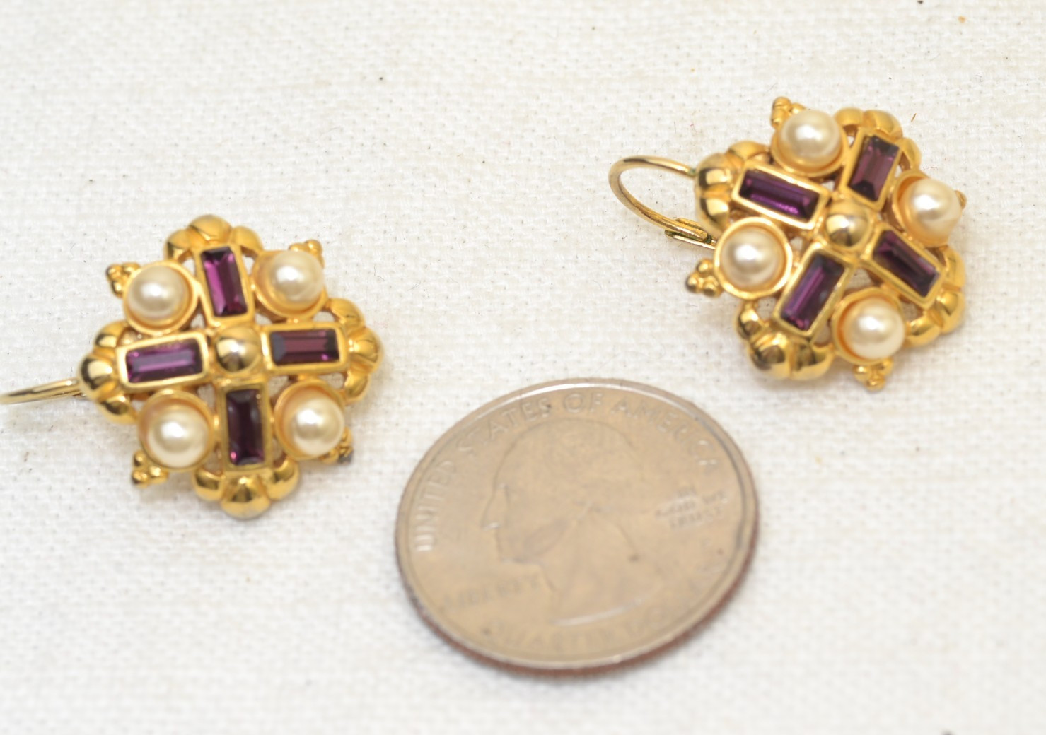 Byzantine Revival Gold Tone Earrings Faux Amethyst/Pearl Maltese Cross VENUE VTG