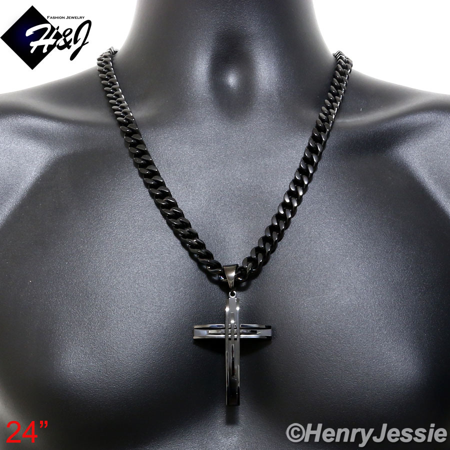 18-40″MEN Stainless Steel 9mm Black Plated Cuban Curb Necklace Cross Pendant*A