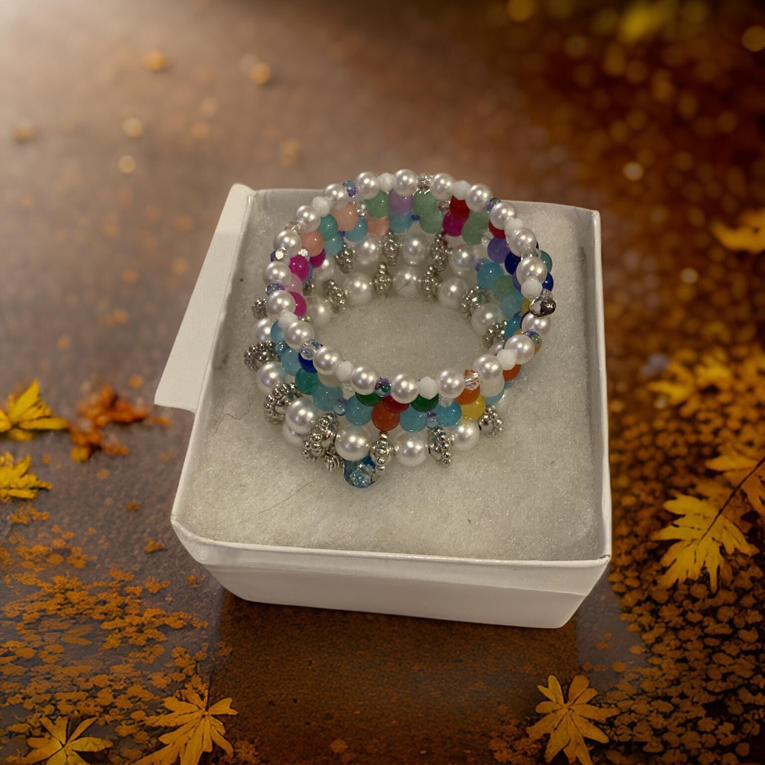 White pearl multicolor 8mm glass beads handmade Wrap Bracelet