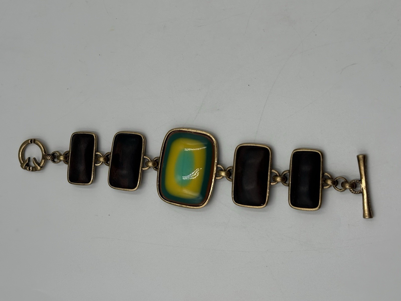 Lucky Brand Gold Tone Wood Resin Statement Toggle Bracelet Boho Retro