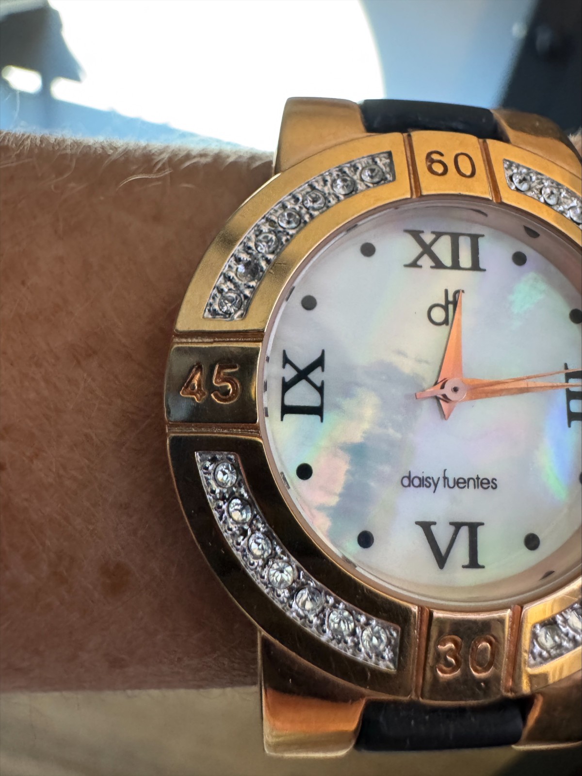 Daisy Fuentes Rhinestone Watch MOP Dial Black Strap Women’s Japan Movement