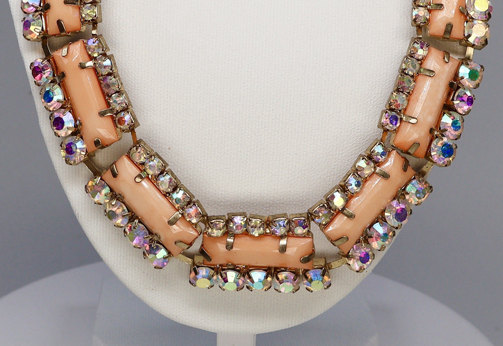 Vintage Statement Necklace AB Rhinestones Orange Peach Acrylic Baguette 18″