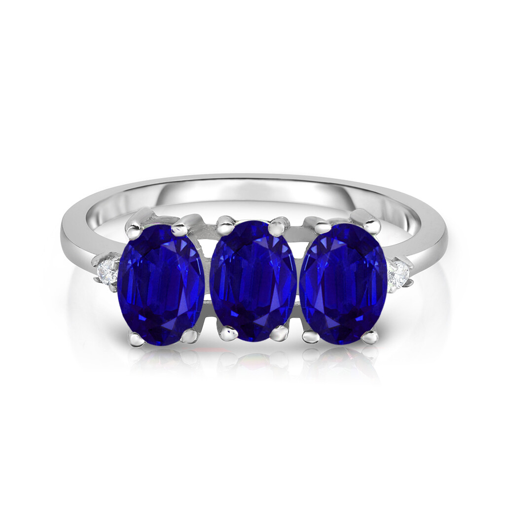 925 Sterling Silver 3.00 CTTW Created Sapphire Oval Cut Tri Stone Ring Size 6-9