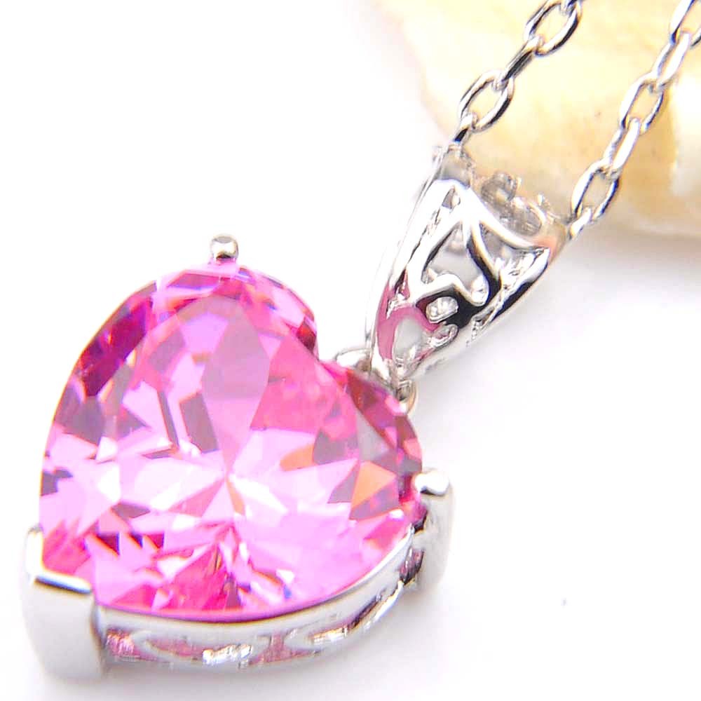 Heart-shaped Natural Pink Topaz Gemstone Silver Lady Necklace Pendant With Chain
