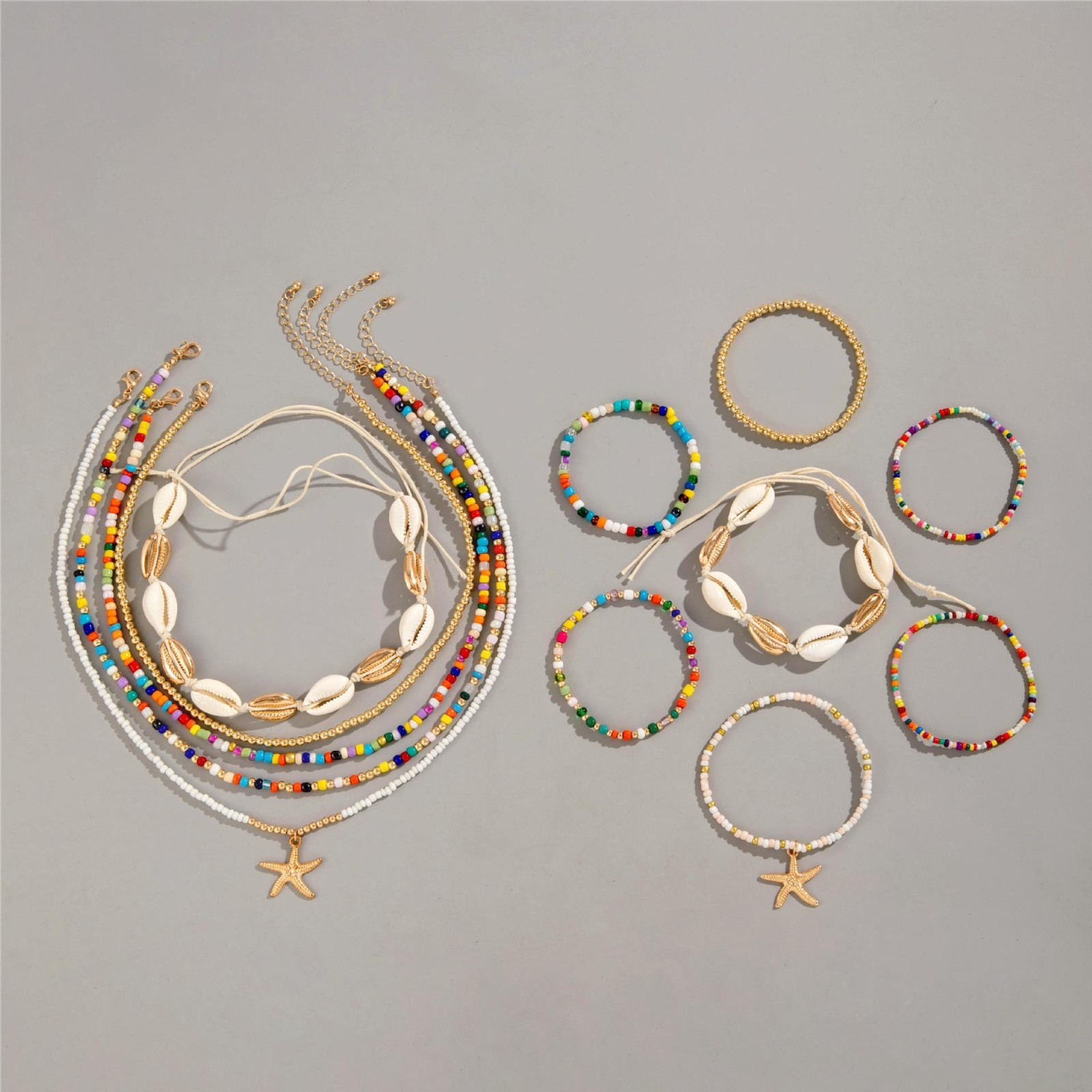 Rainbow Seed Bead Beaded Bracelet Necklace Set Seashell Starfish Beach Jewelry