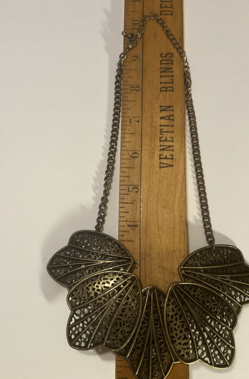 Antique Brass Statement Necklace Filagree Leaves 21 Inches Fashion Jewelry