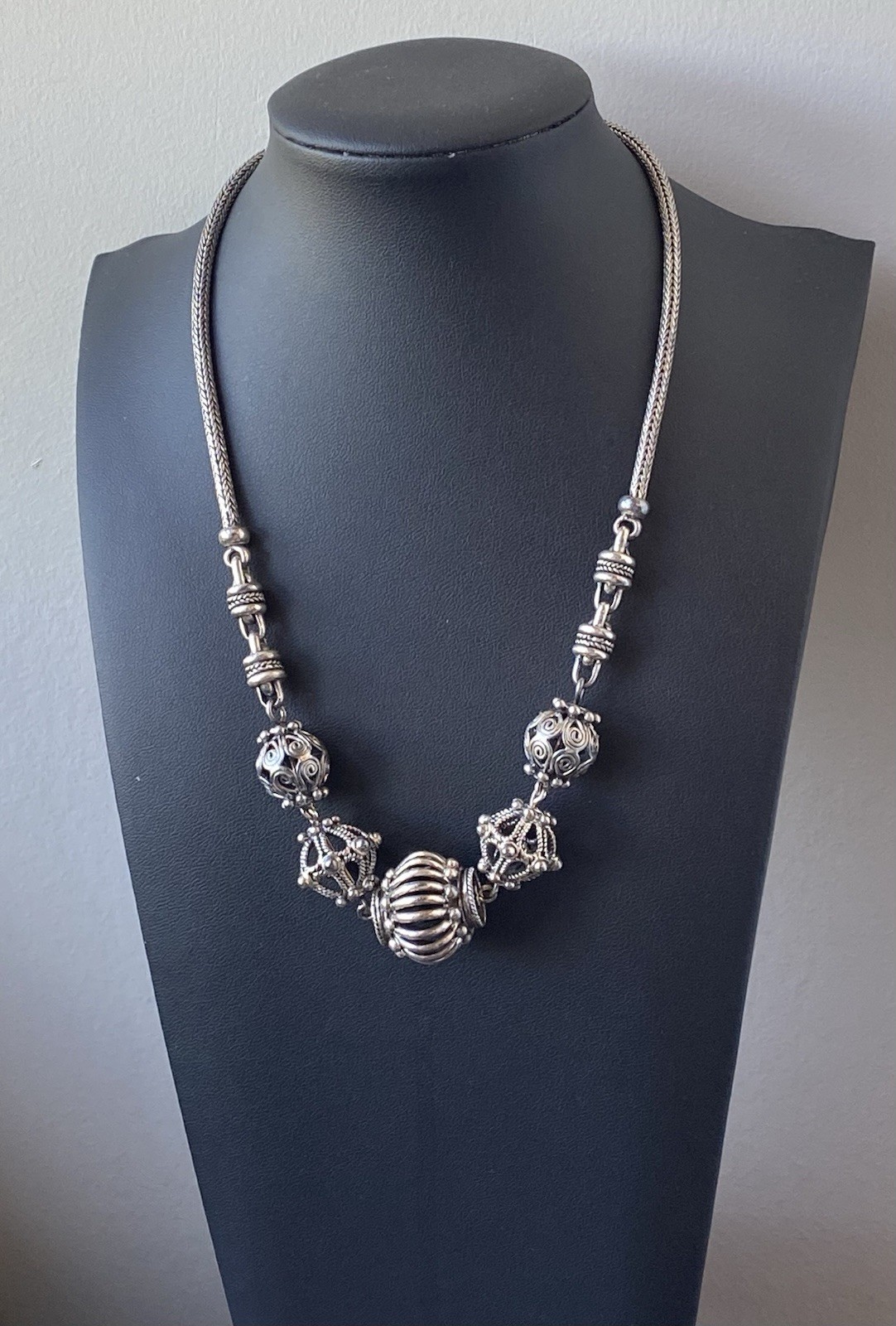 Vtg SUARTI Sterling Silver 925 BA Bali Ornate Beads Wheat Chain 16” Necklace 64g