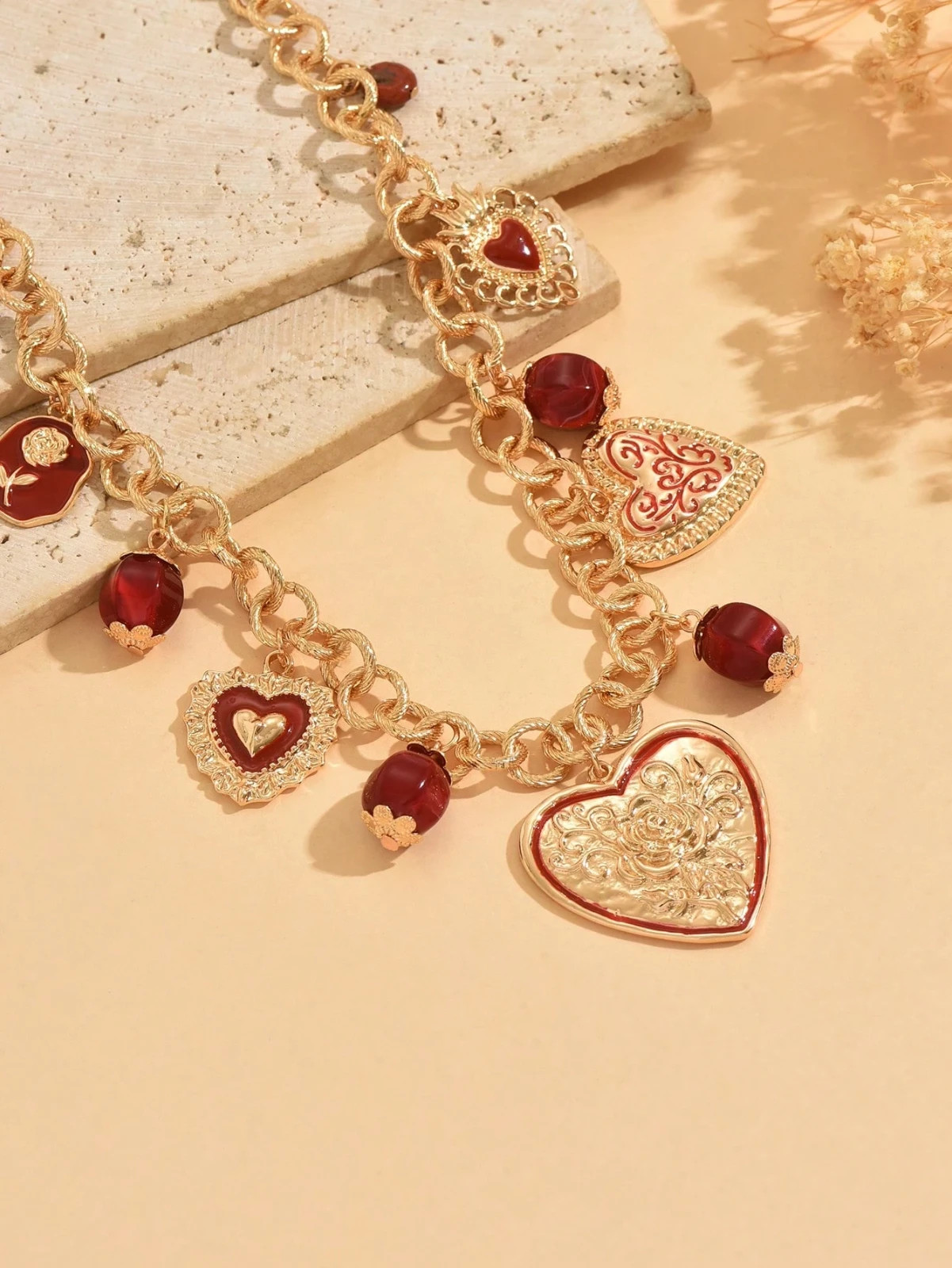 Vintage Style Heart Charm Necklace Gold Red Chunky Chain Statement Jewelry