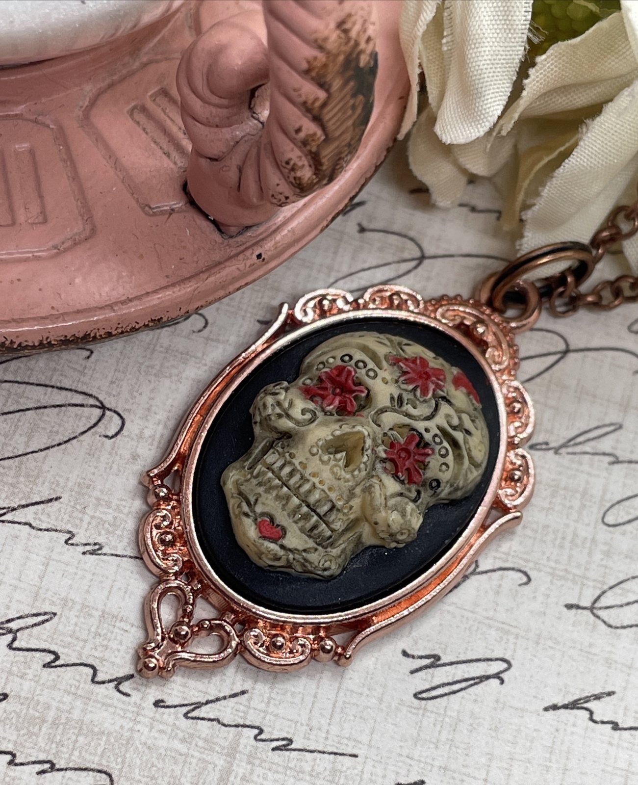 Sugar Skull Gothic Heart Wedding Rose Gold Party Birthday gift necklace Cameo