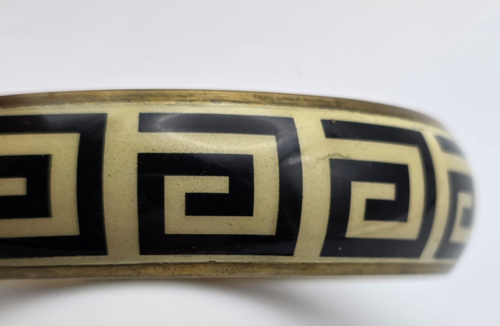 Vintage Gold Tone Black Cream Enamel Greek Key Bangle Bracelet 8 In Geometric