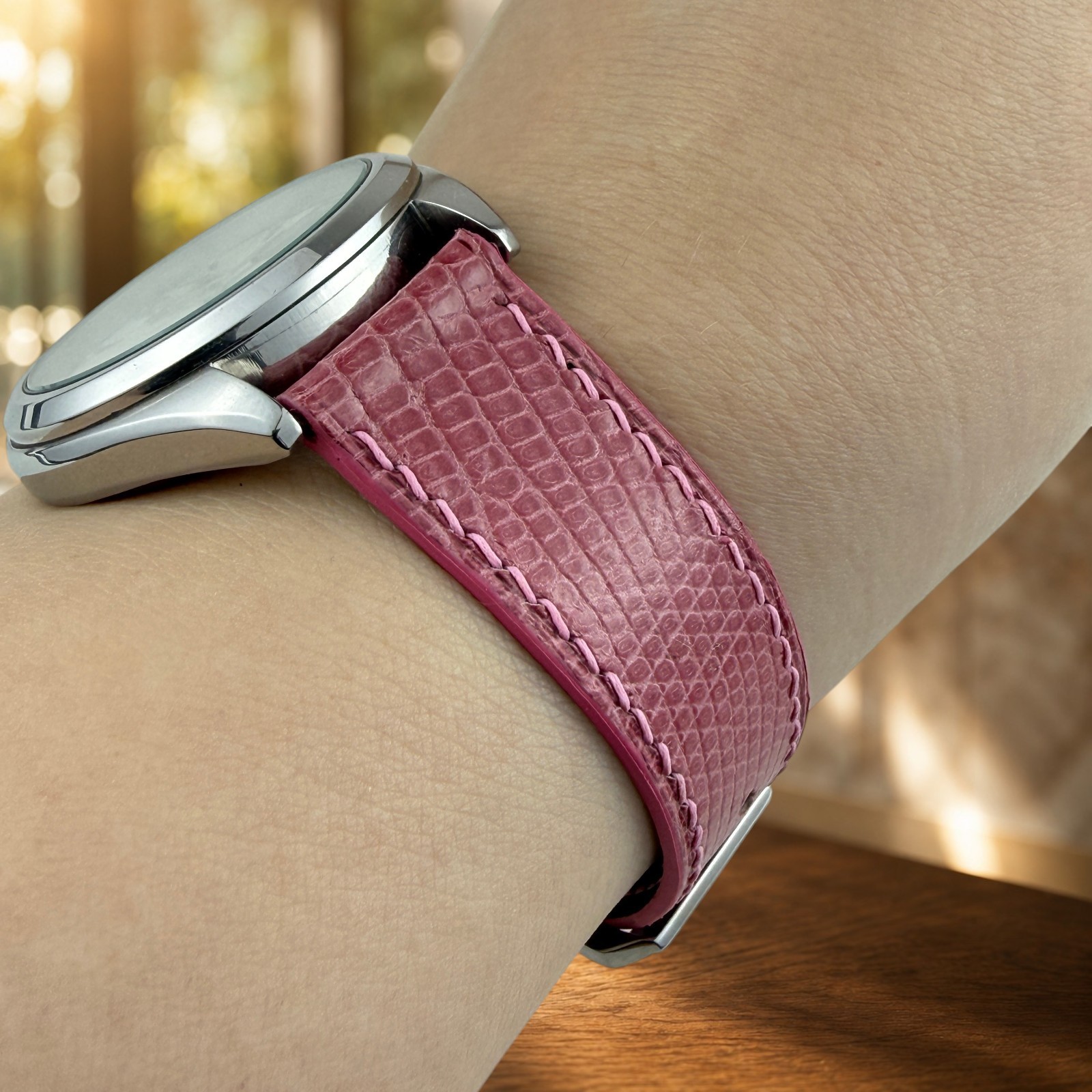 Genuine Lizard Leather Watch Band Strap 18mm Pink Handmade 316L Buckle