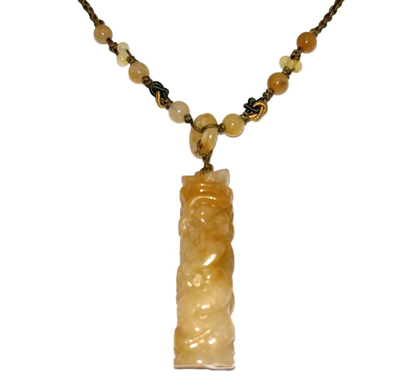 Macrame Genuine Carved Yellow Jadeite Necklace Adjustable Slide Knot 2″ Pendent