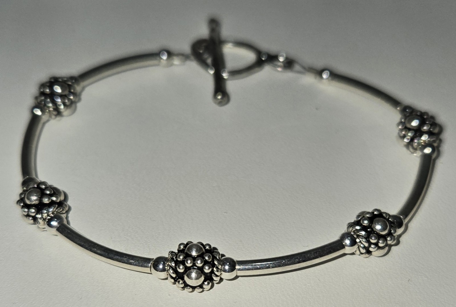 Sterling Silver Round & Tube Bead Bracelet 6 1/4 inch Toggle Clasp