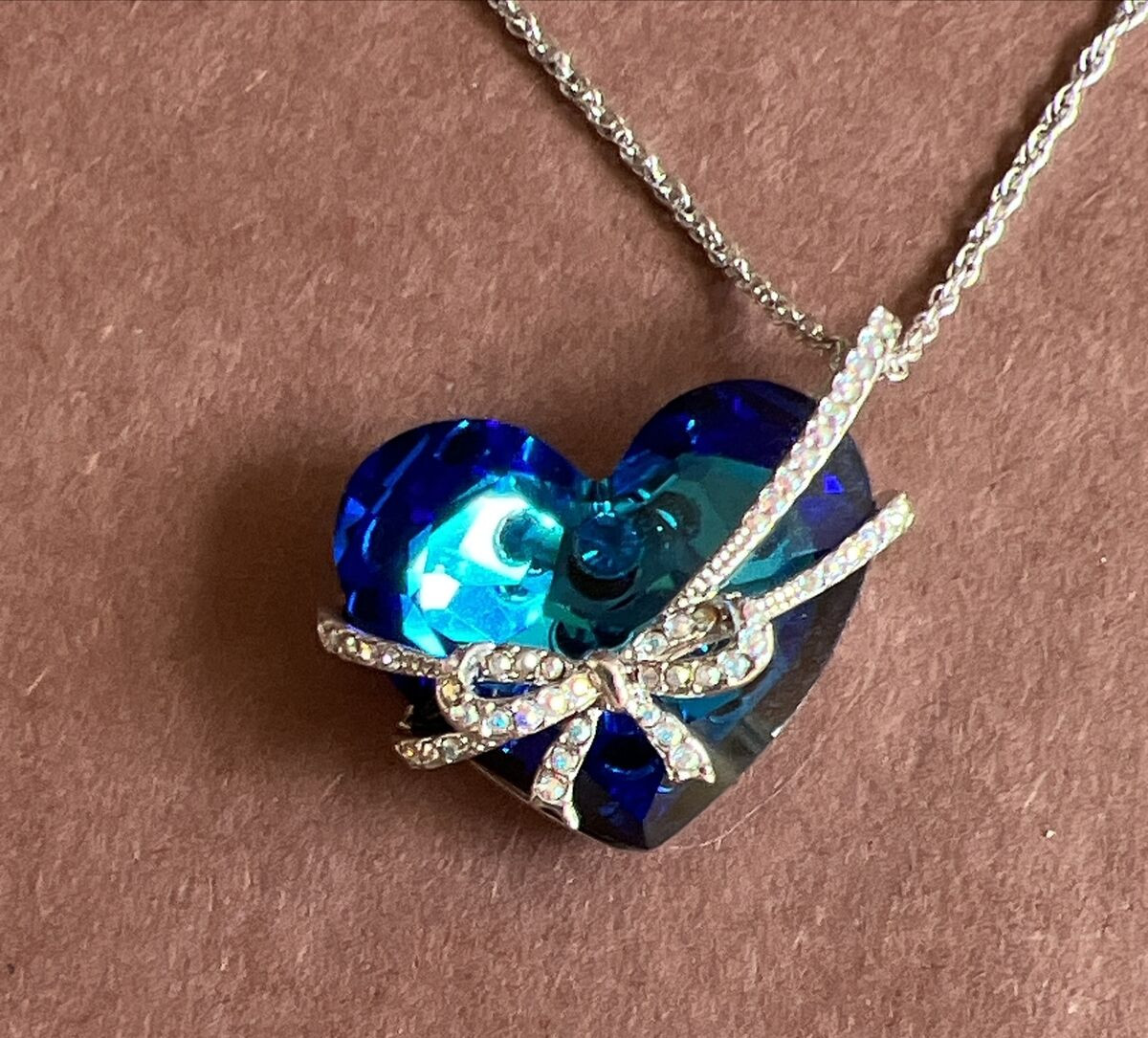 Vintage Qianse Swarovski Crystal Blue Heart Love You Forever Necklace 16″