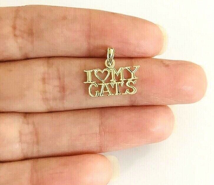 10K Solid Gold I Love My Cats Charm-14mm x 16mm Small 10K Gold Cat Pendant-C3520