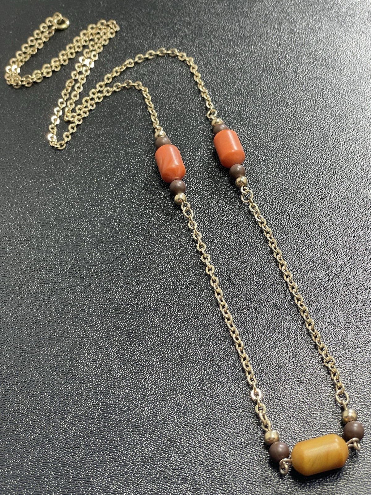 Vintage Retro 32” Orange & Brown Lucite Beaded Gold Tone Chain Necklace