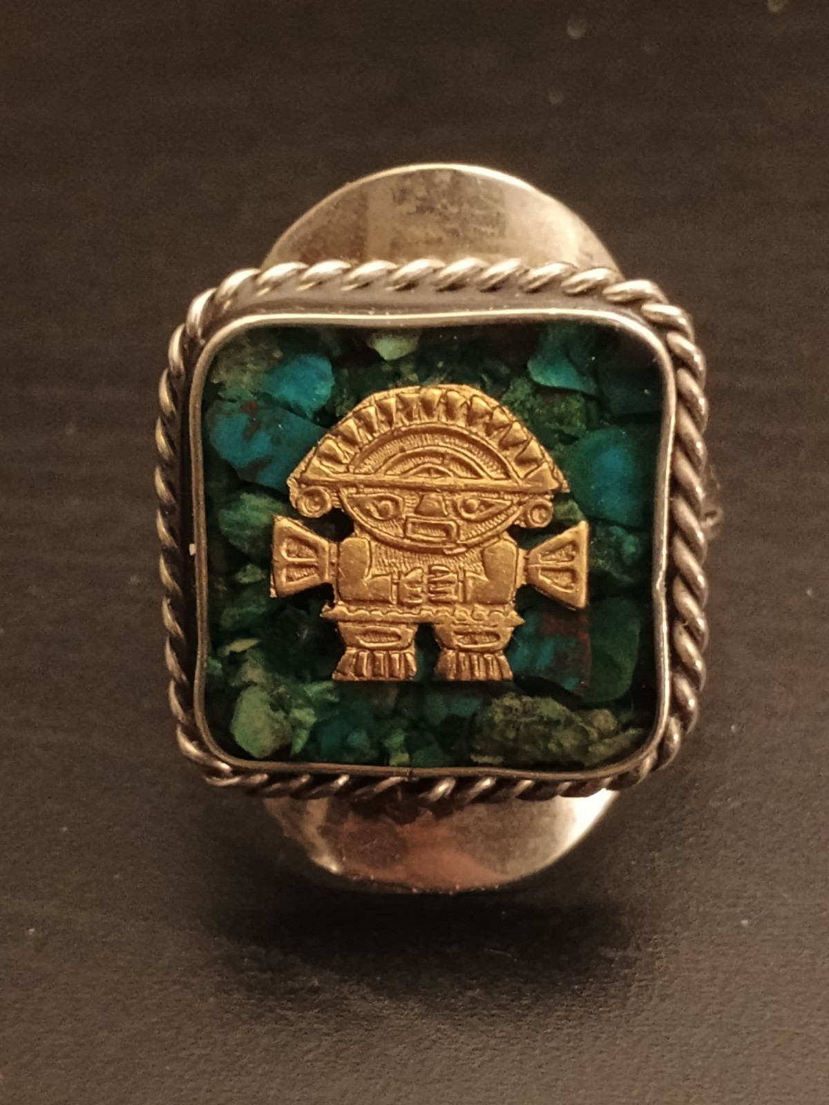 South American Tribal Turquoise Statement Ring Square Metal Bezel