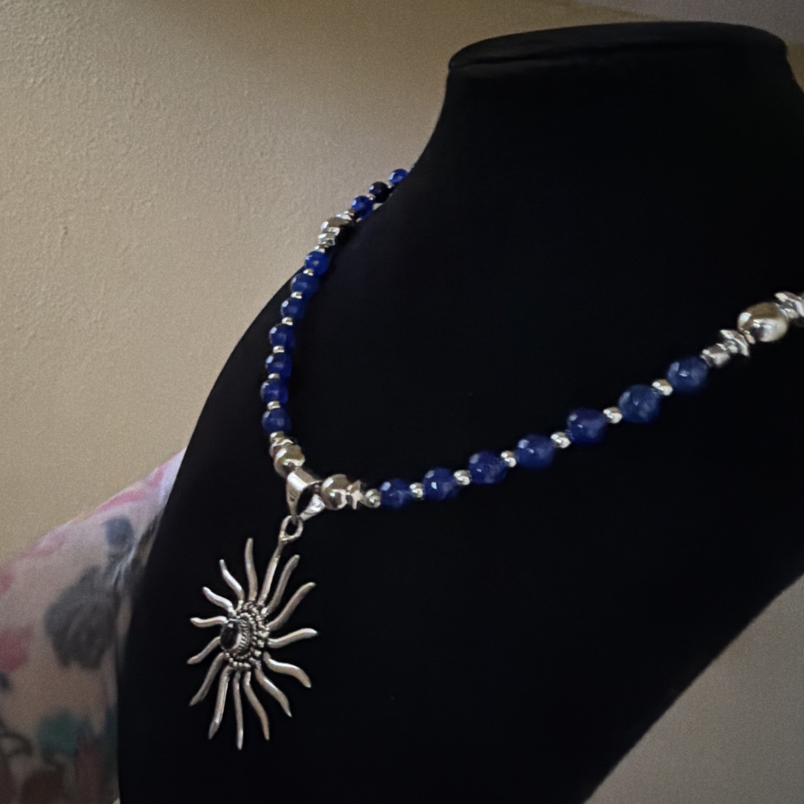 Blue Saphire Sterling Sun Pendant With Matching Bead Necklace 18-20inches