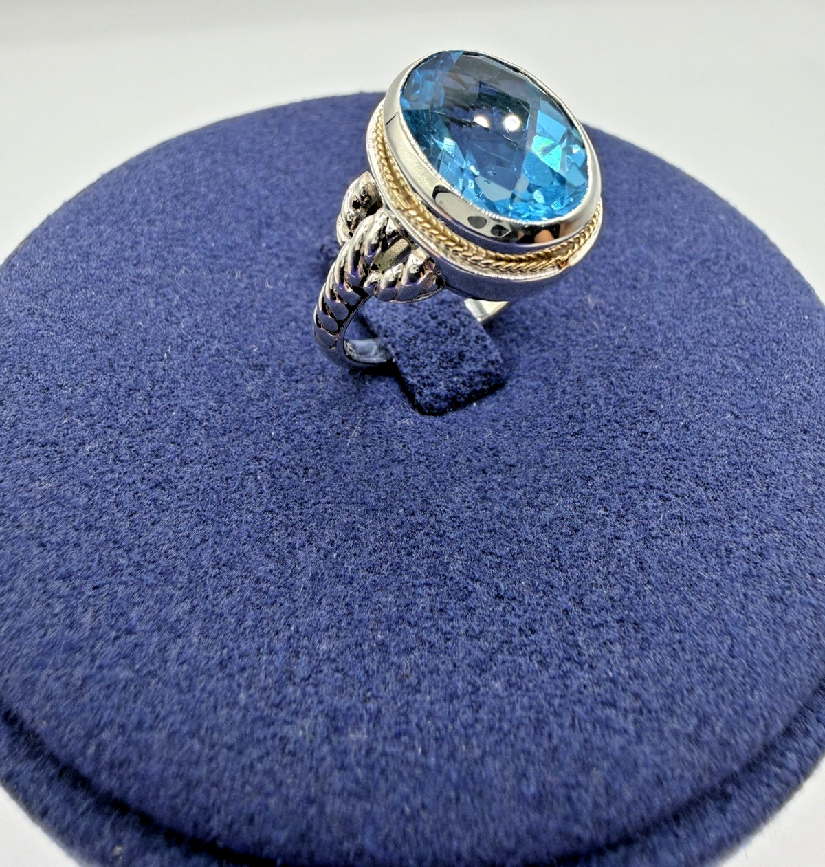 Designer Effy Sterling Silver & 18k Gold Oval Blue Topaz Twisted Cable Ring Sz 7