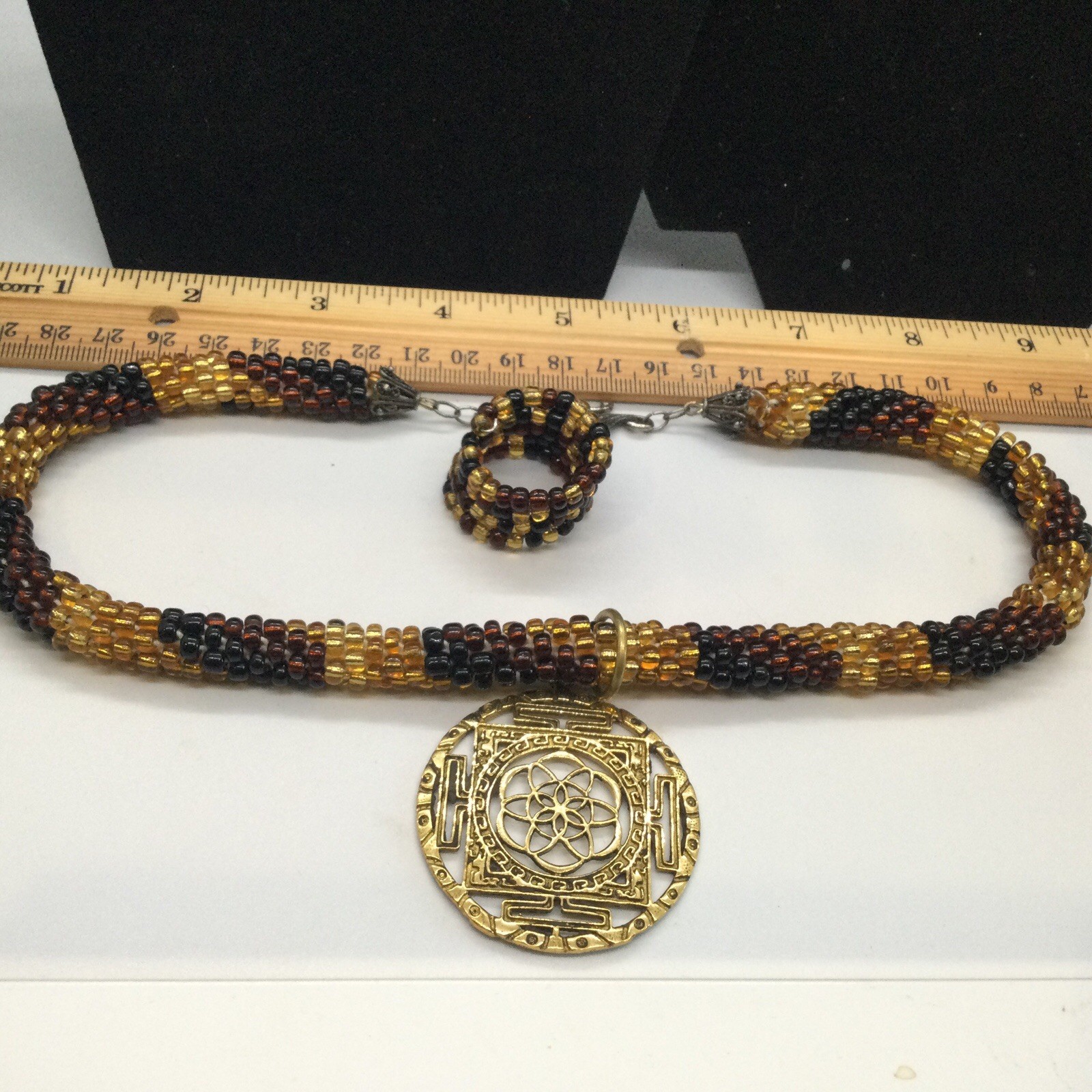 Artisan Made Seed Bead Necklace With Pendant And Coil Seed Bead Ring