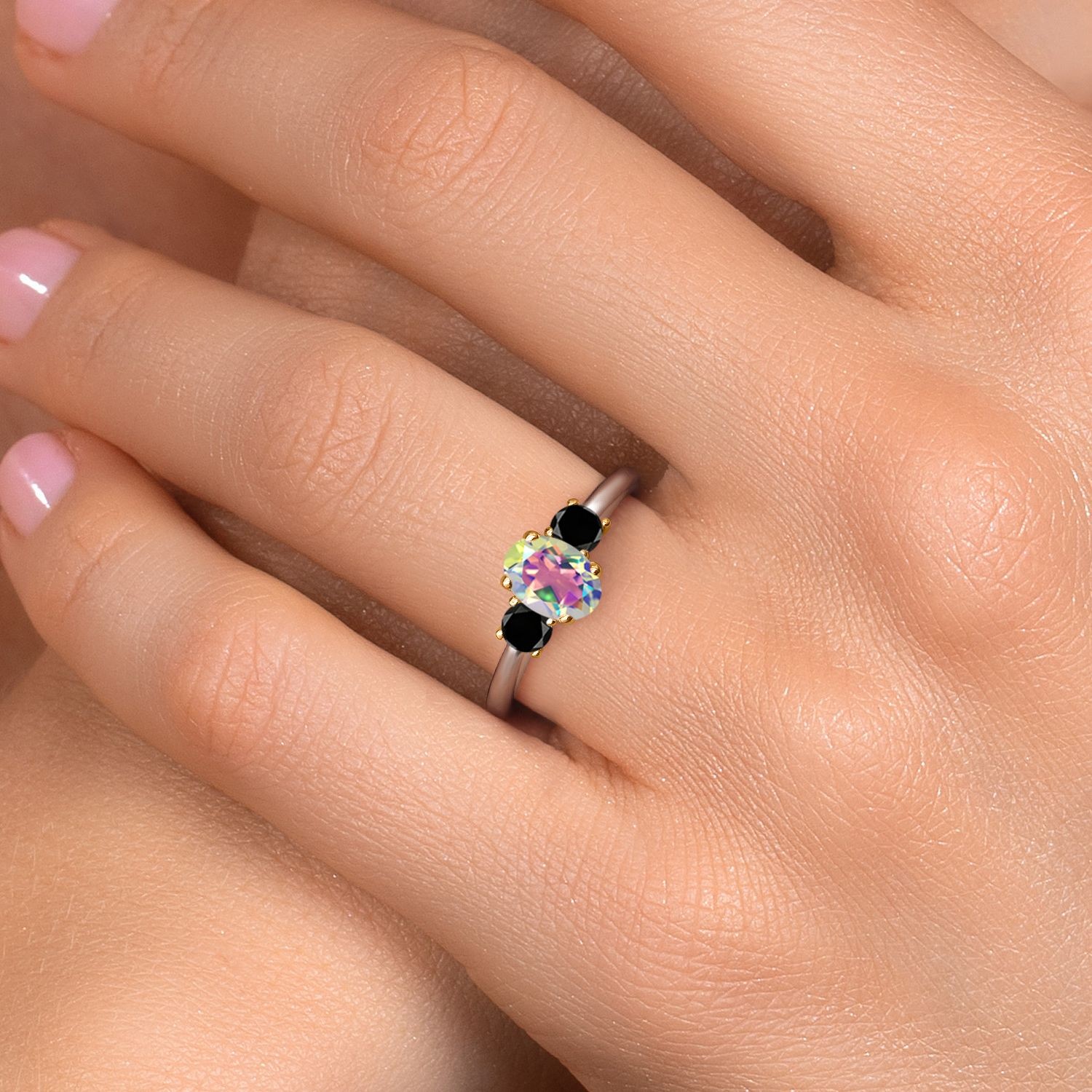 925 Silver and 10K Yellow Gold Mercury Mist Mystic Topaz and Black Diamond