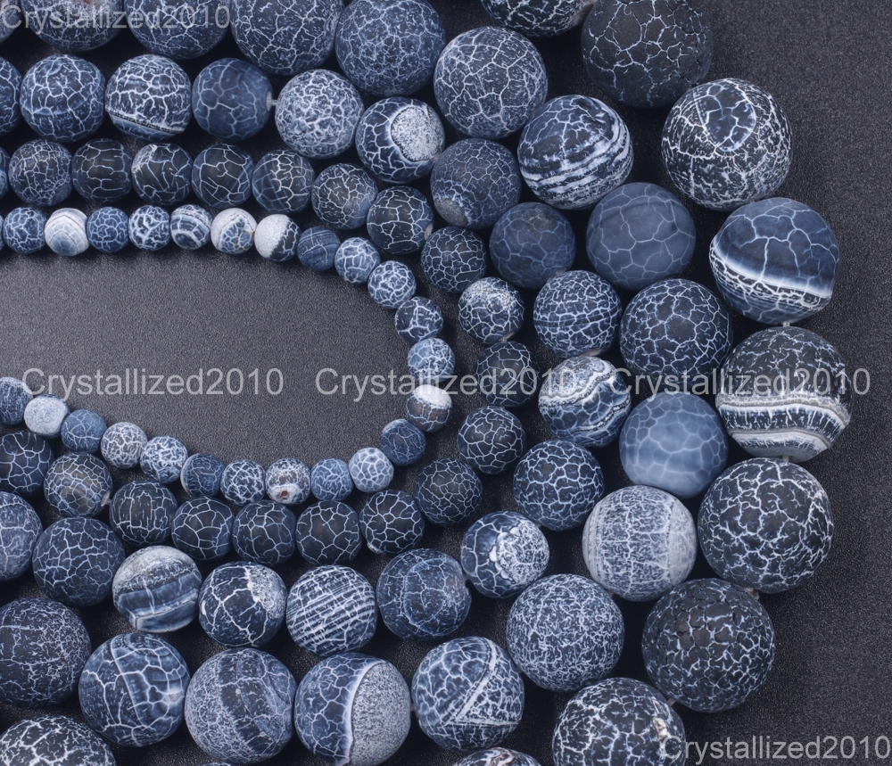 Matte Frosted Black Fire Crackle Agate Gemstones Round Beads 6mm 8mm 10mm 15″