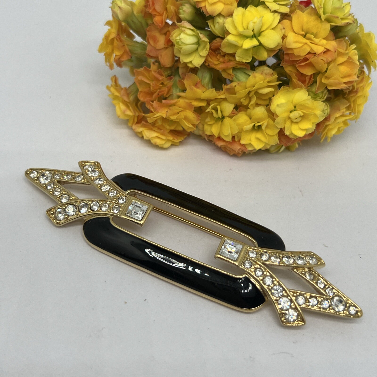 Signed Trifari 3.4” Brooch Pin Black Enamel/Gold Tone Clear Rhinestone 7020