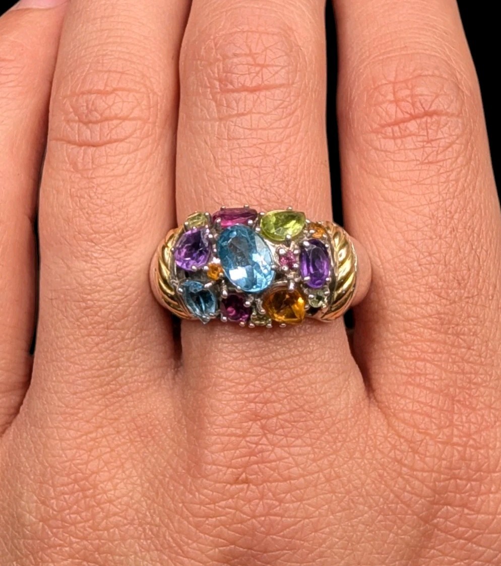 EFFY Sterling Silver 925 Gold Accent Multi Gemstone Cluster Ring Size 8