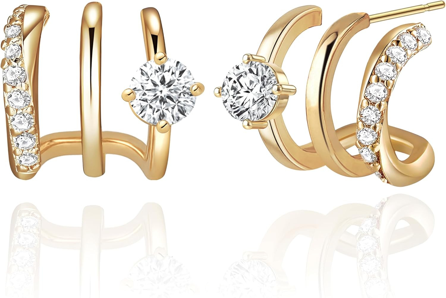14K Gold Plated Hoop Earrings for Women Triple Huggie Illusion Stud Earring | Do