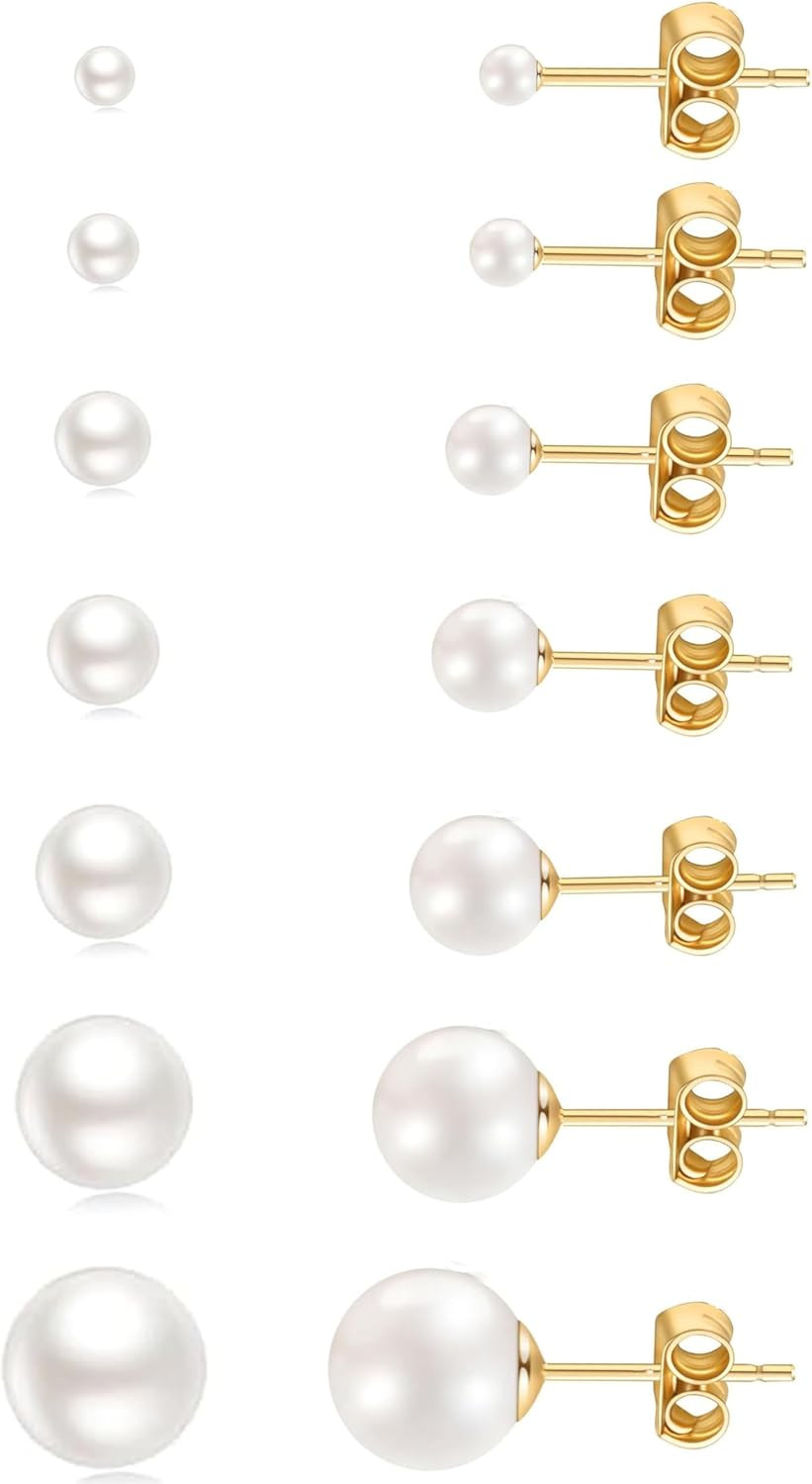 14K Gold Filled Polished Small CZ Pearl Ball Stud Earrings Set for Women Men 20G