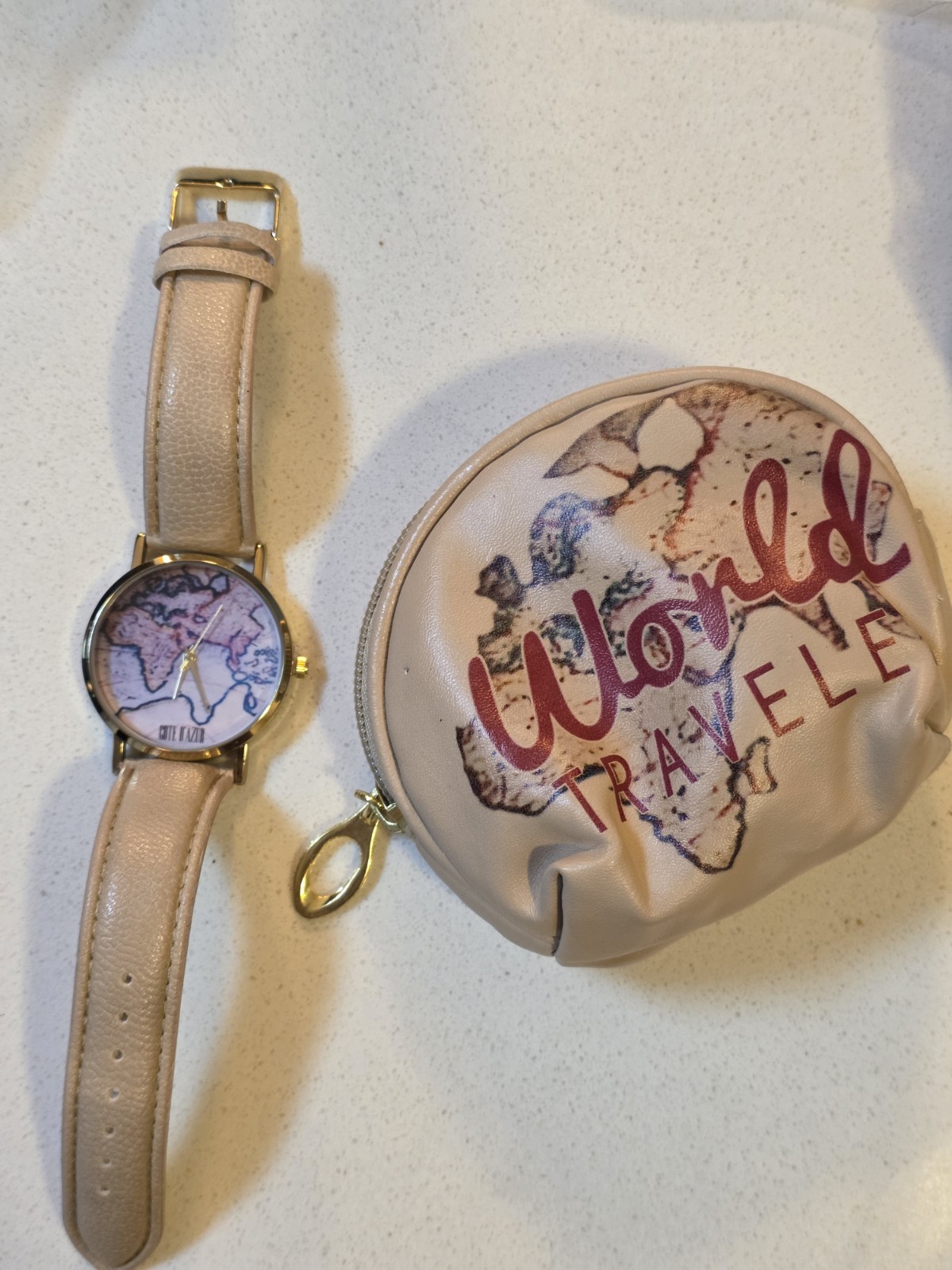 Côte d’Azur Women’s World Map Dial Quartz Analog Gold Case Beige Strap