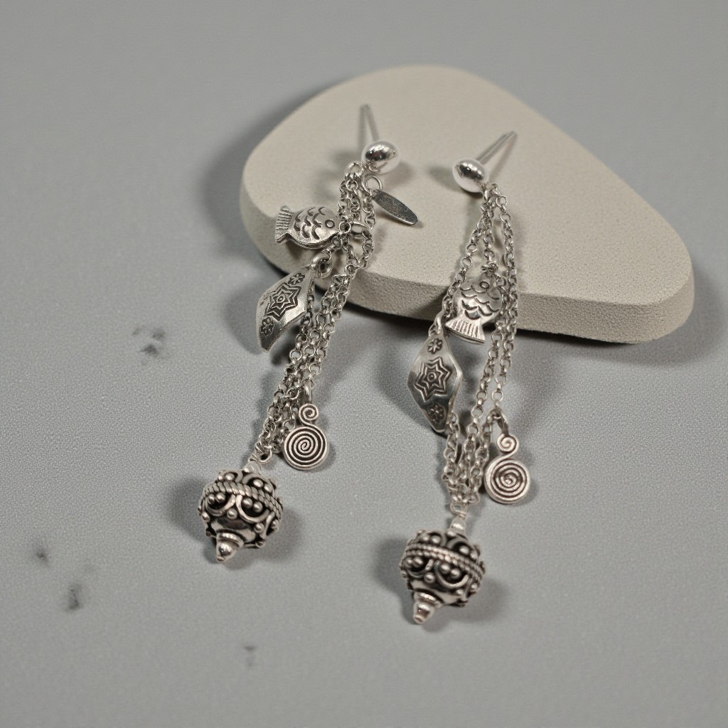 ​Vtg Misteria Sterling Silver Earrings 3.25 Long Shoulder Duster Fish Charms 19g