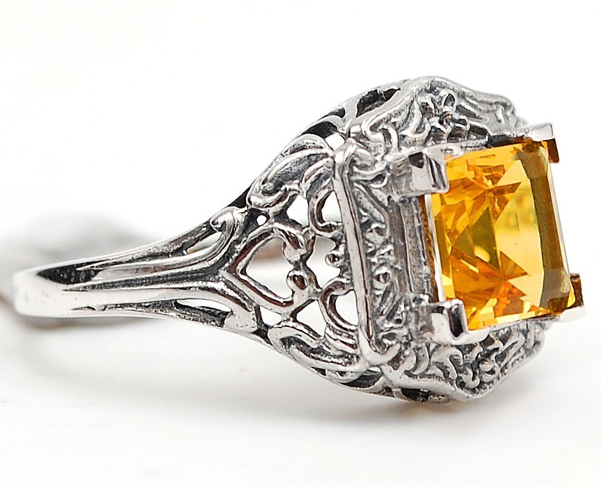 2CT Golden Citrine 925 Sterling Silver Filigree Ring Sz 6,7,8,9 AZ3