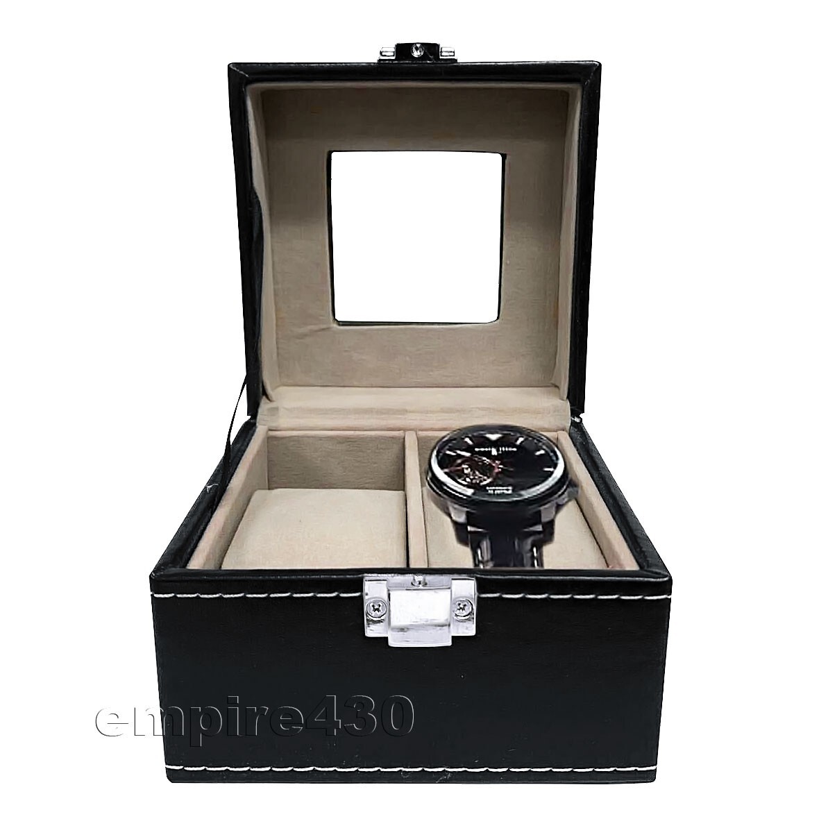 2 Slot Leather Watch/Bracelet Display Box Glass Top Jewelry Case Organizer