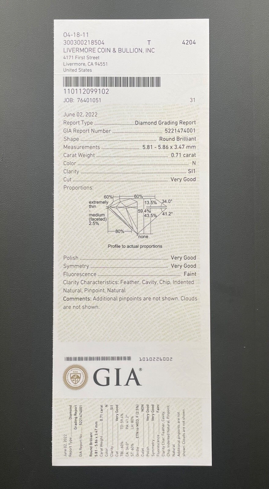 Beautiful Diamond .71 Carat N Color SI1 Clarity Cut Grade Very Good GIA Cert.