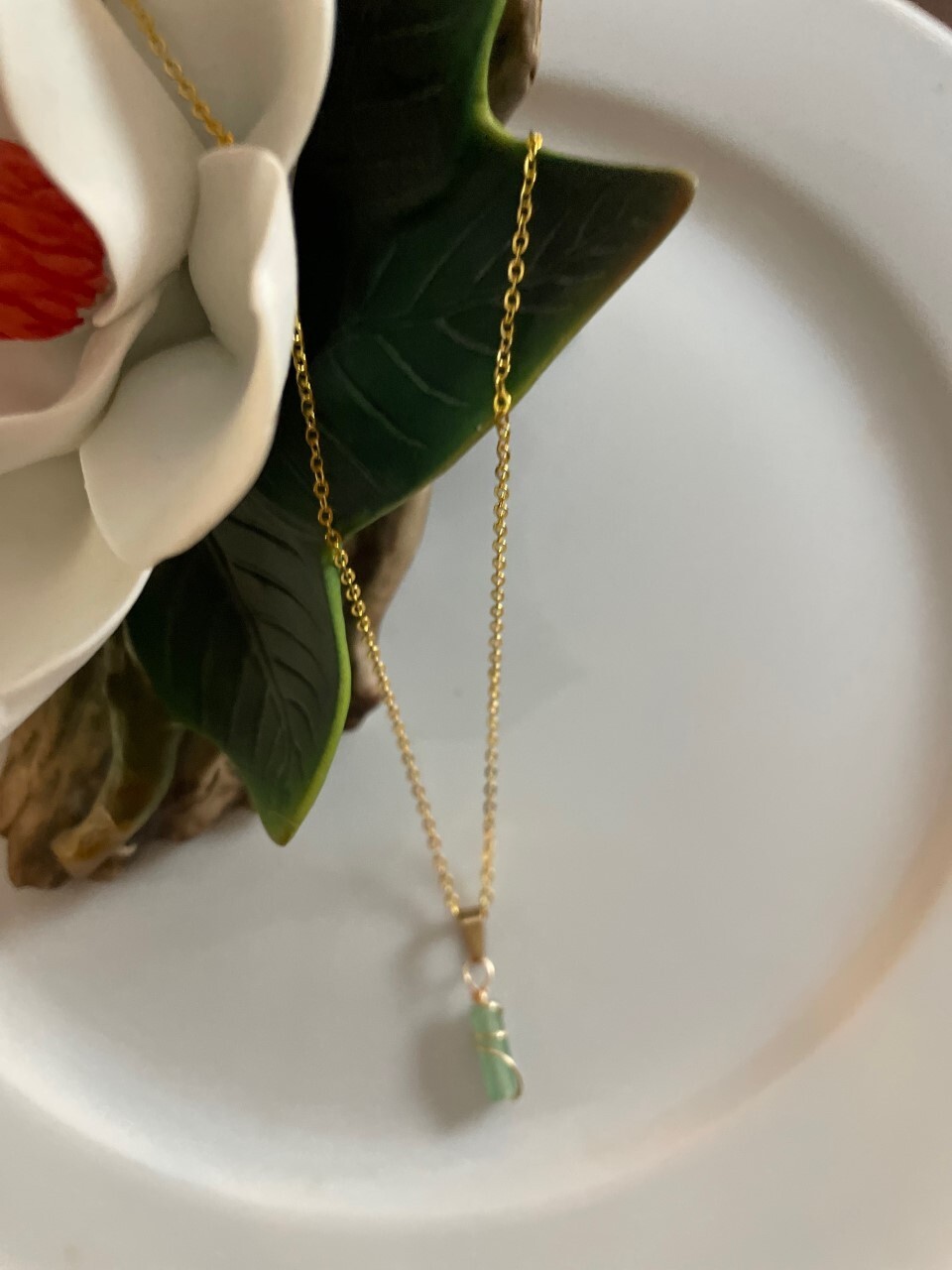 Green Aventurine Stone Pendant Necklace Gold Chain Wire Wrap Simple Natural