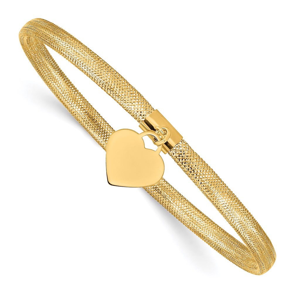 14k Yellow Gold 4mm Heart Dangle Woven Mesh Slip-on Stretch Bracelet