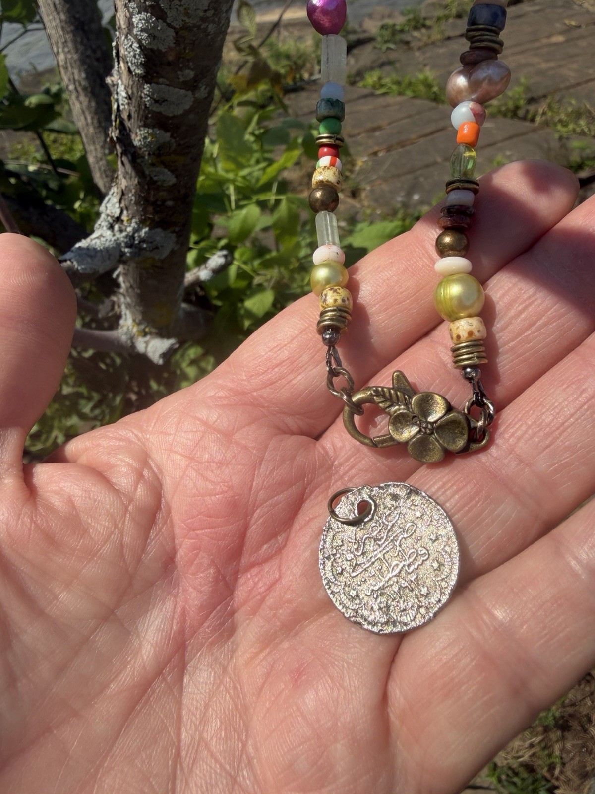 Multicolor Beaded Necklace Round Coin Pendant Bohemian fresh water pearls, glass