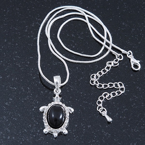 Small Crystal ‘Turtle’ Pendant With Silver Tone Snake Chain – 40cm Length/ 7cm