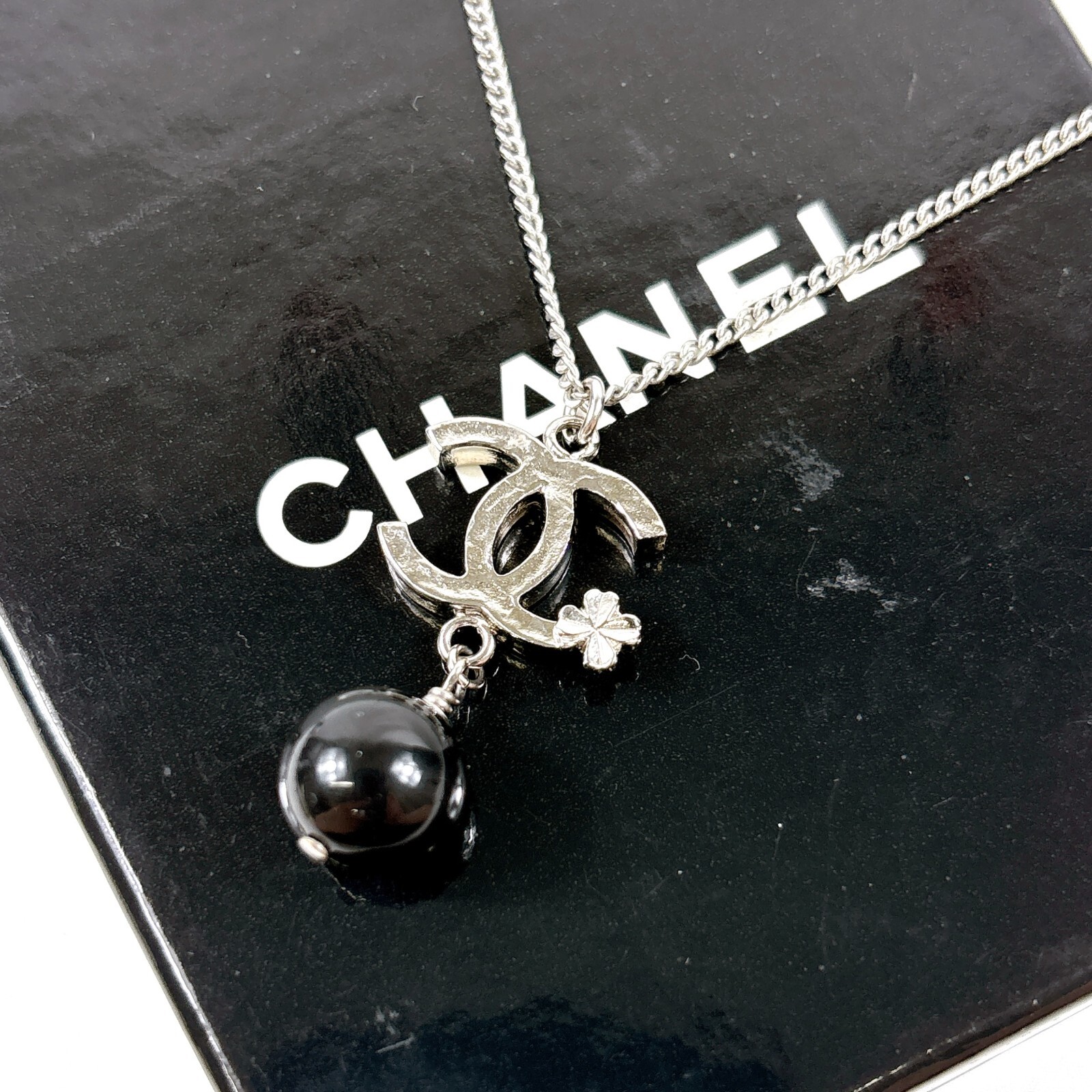 CHANEL CC Logo Necklace Silvertone Black Bead Drop Authentic B13K JAPAN B1684