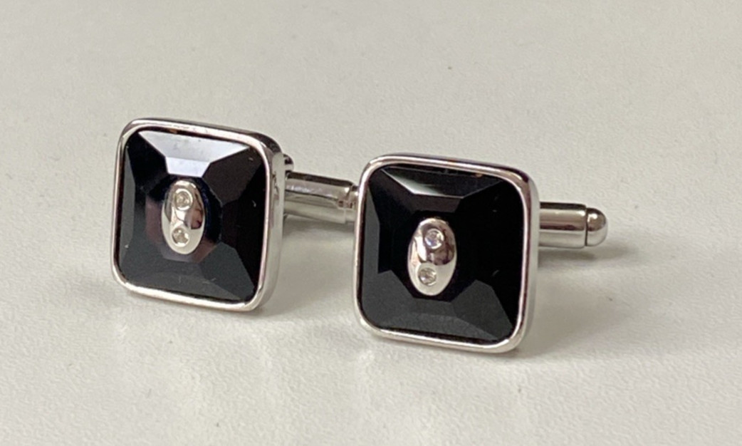 Swarovski Cufflinks Swan Signed Black and Silver Tone Square Crystal 1.5cm