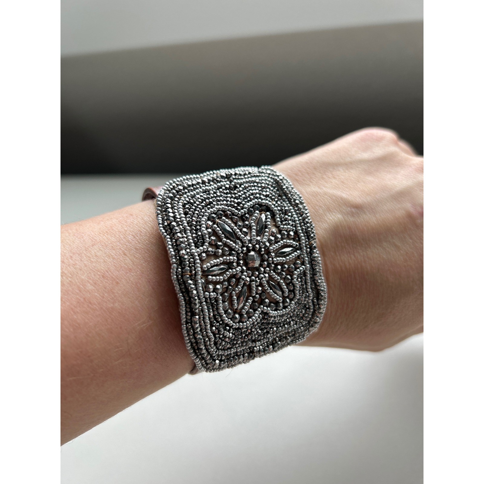 Boho Beaded Cuff Bracelet Metallic Leather Floral Emboss Snap Closure Statement