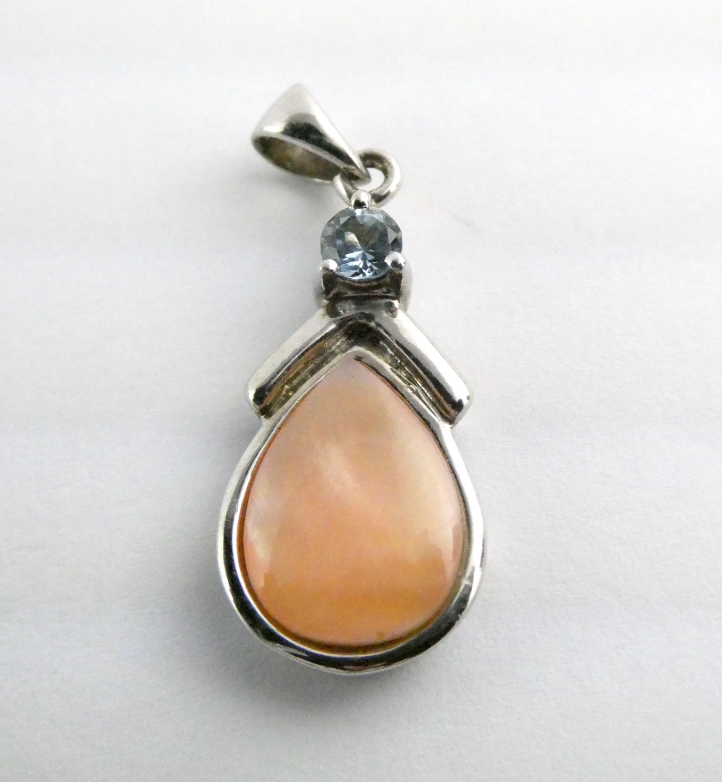 Sterling Silver Blue Topaz and Peach MOP Shell Pendant 925 1.25 Inch Length