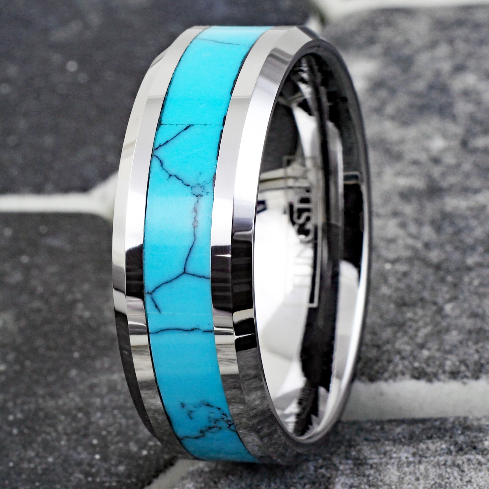 Tungsten Carbide Men’s Turquoise Inlaid Comfort Fit Wedding Band Ring Size 5-13