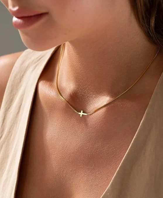 Cross Necklace for Women 14K Yellow Gold Plated Minimalist Cross Pendant Chain