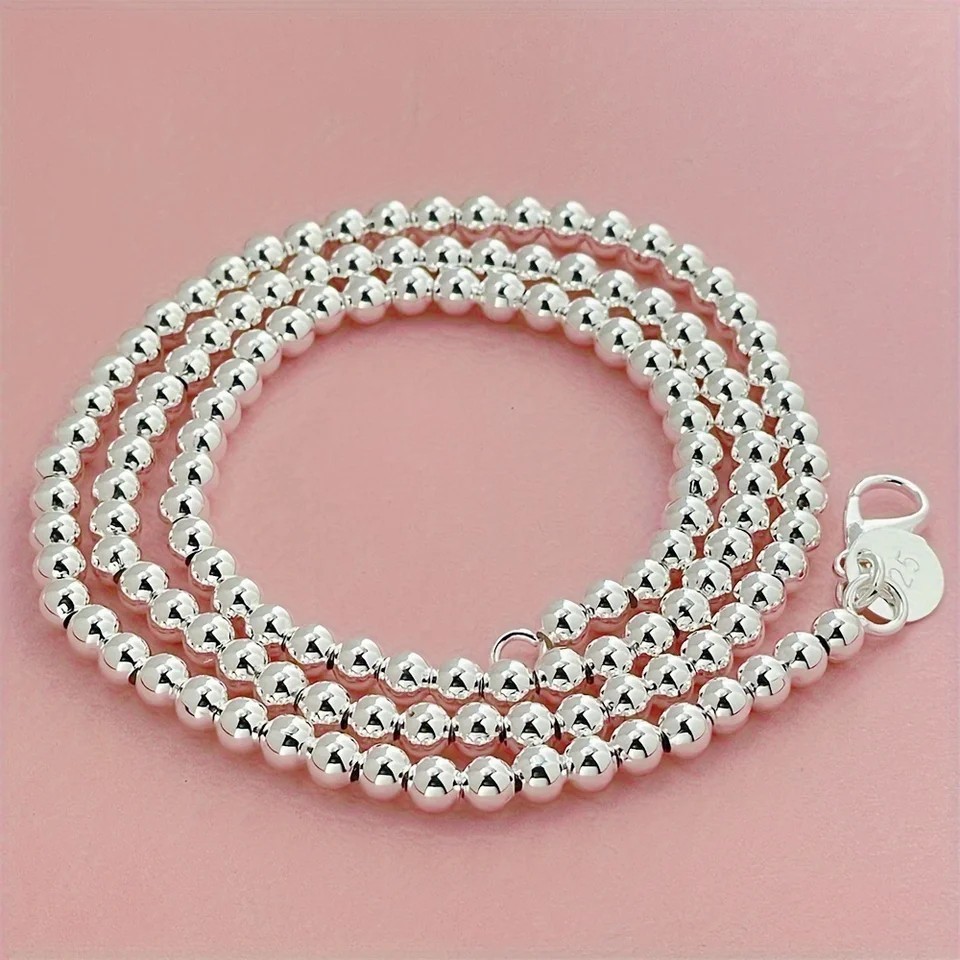Elegant 925 Sterling Silver 4mm Hollow Ball Beaded Chain Necklace For Man Women