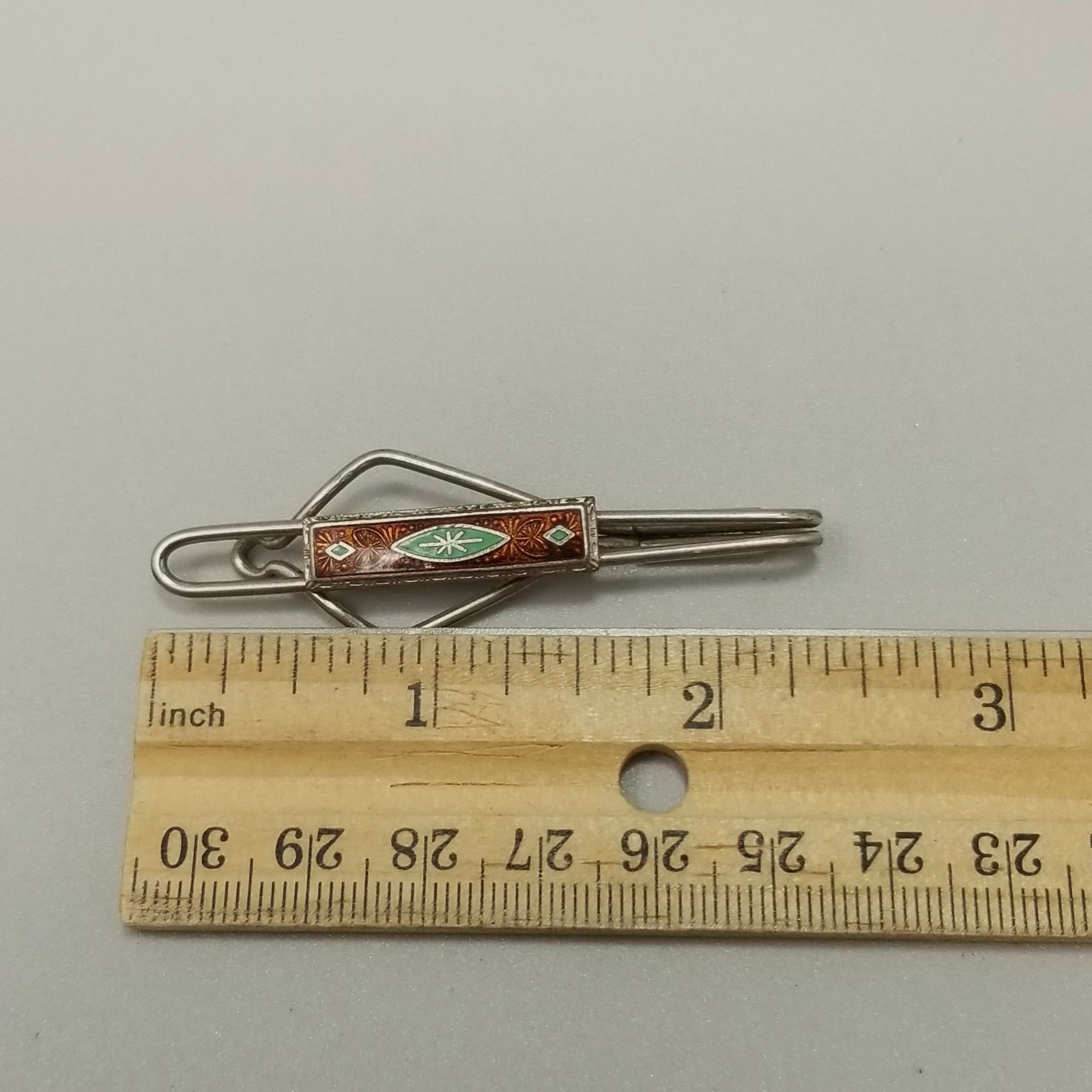 Vintage Orange Green Enamel Tie Bar Clip Silver Tone Retro Unsigned