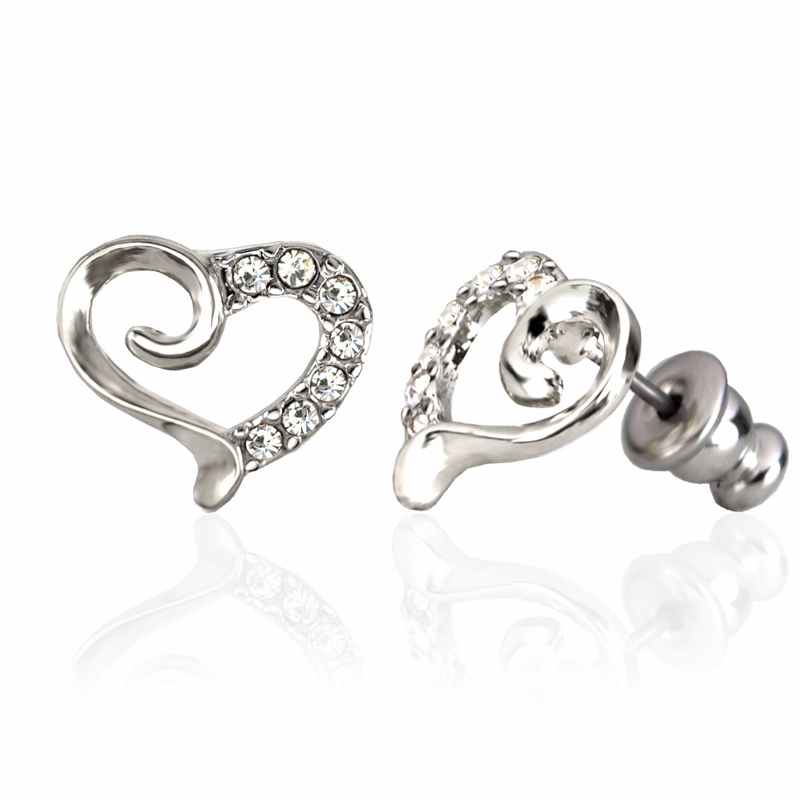 Forever Silver or Gold Plated Curled Heart Earrings Austrian Crystal Surgical St