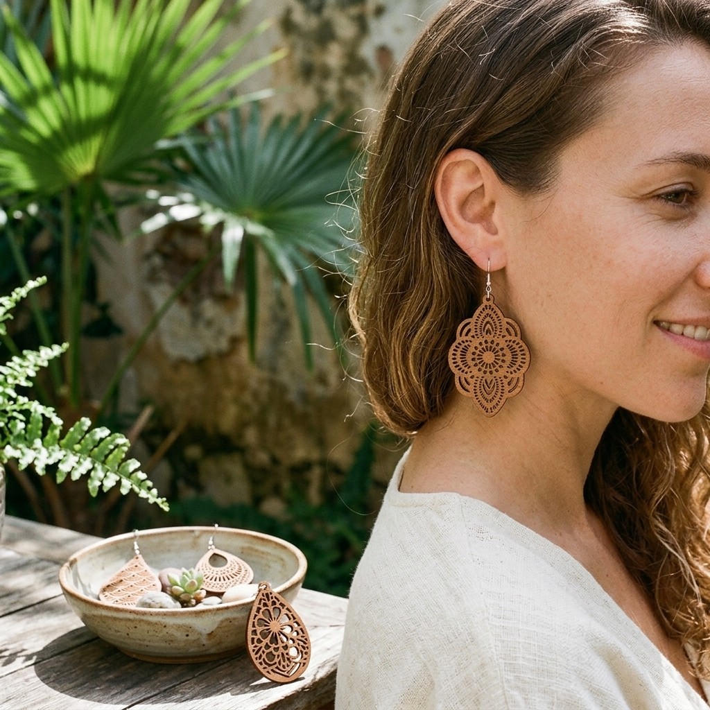 Boho Floral Teardrop Wooden Earrings 4 Pairs Laser Cut Filigree Dangle Set